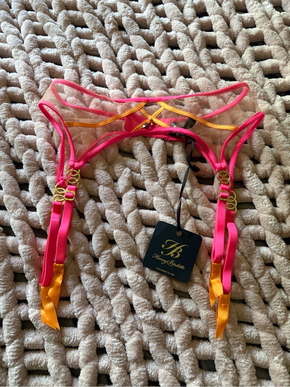Honey Birdette Hot Pink and Orange Strappy Garter Belt with Gold Accents
